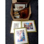 A box containing a quantity of assorted framed pictures and prints, an etched copper panel,