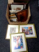 A box containing a quantity of assorted framed pictures and prints, an etched copper panel,