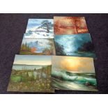 Six unframed oil on canvas to include woodland scenes, seascapes,