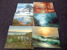 Six unframed oil on canvas to include woodland scenes, seascapes,
