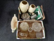 Two boxes containing miscellaneous to include pressed glass dishes, serving plates, pottery vases,
