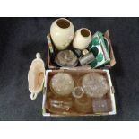 Two boxes containing miscellaneous to include pressed glass dishes, serving plates, pottery vases,