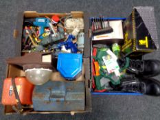 Three boxes containing work boots, metal toolboxes, hand tools, power tools,
