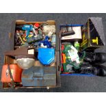 Three boxes containing work boots, metal toolboxes, hand tools, power tools,