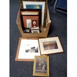 A box containing assorted framed pictures and prints to include an oil on canvas, violin,