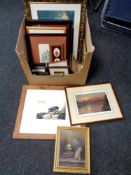 A box containing assorted framed pictures and prints to include an oil on canvas, violin,