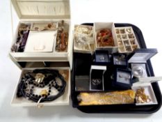 A tray containing leather jewellery box, large quantity of costume jewellery,