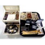 A tray containing leather jewellery box, large quantity of costume jewellery,