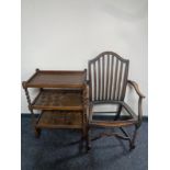 An oak shield back barley twist armchair (as found) together with an oak three tier barley twist