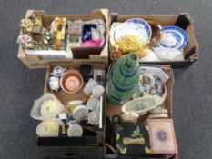 Four boxes containing miscellaneous to include a contemporary vase, kitchen storage jars,