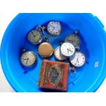 A tub containing nine assorted pocket watches to include Ingersoll,