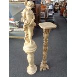 An eastern resin plant stand together with a pottery figure, maiden,