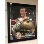 A sporting memorabilia montage : A signed gold Everlast boxing glove, Joe Calzaghe,