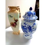 A blue and white oriental style lidded vase together with an antique English transfer patterned