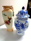 A blue and white oriental style lidded vase together with an antique English transfer patterned