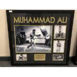 A sporting memorabilia montage : Muhammad Ali 'The Greatest', signed print in black ink,