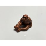 A carved Chinese hardwood netsuke - Monkey with fruit