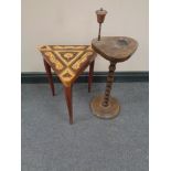 A triangular musical occasional table together with a beech smoker's stand