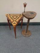 A triangular musical occasional table together with a beech smoker's stand