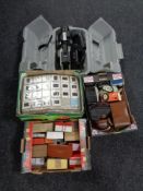 A box containing vintage cameras and camera accessories together with two further boxes containing