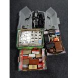 A box containing vintage cameras and camera accessories together with two further boxes containing