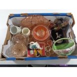 A box containing miscellaneous to include pink glass dressing table set, ornaments,