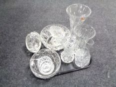 A tray containing 20th century cut glass vases, bowls, basket etc.