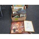 A box containing assorted framed pictures and prints to include a P Cleverly oil on canvas,