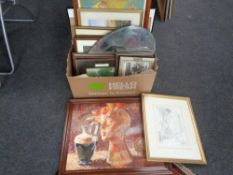 A box containing assorted framed pictures and prints to include a P Cleverly oil on canvas,