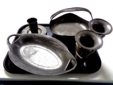 A tray containing six pieces of Arts and Crafts pewter