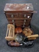 A tray containing miniature apprentice chest, treen,