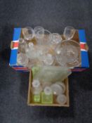 Two boxes containing 20th century glassware, pair of frosted glass candlesticks,