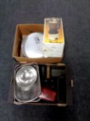 Two boxes of kitchen loaf dishes and tins, Moulineux blender,