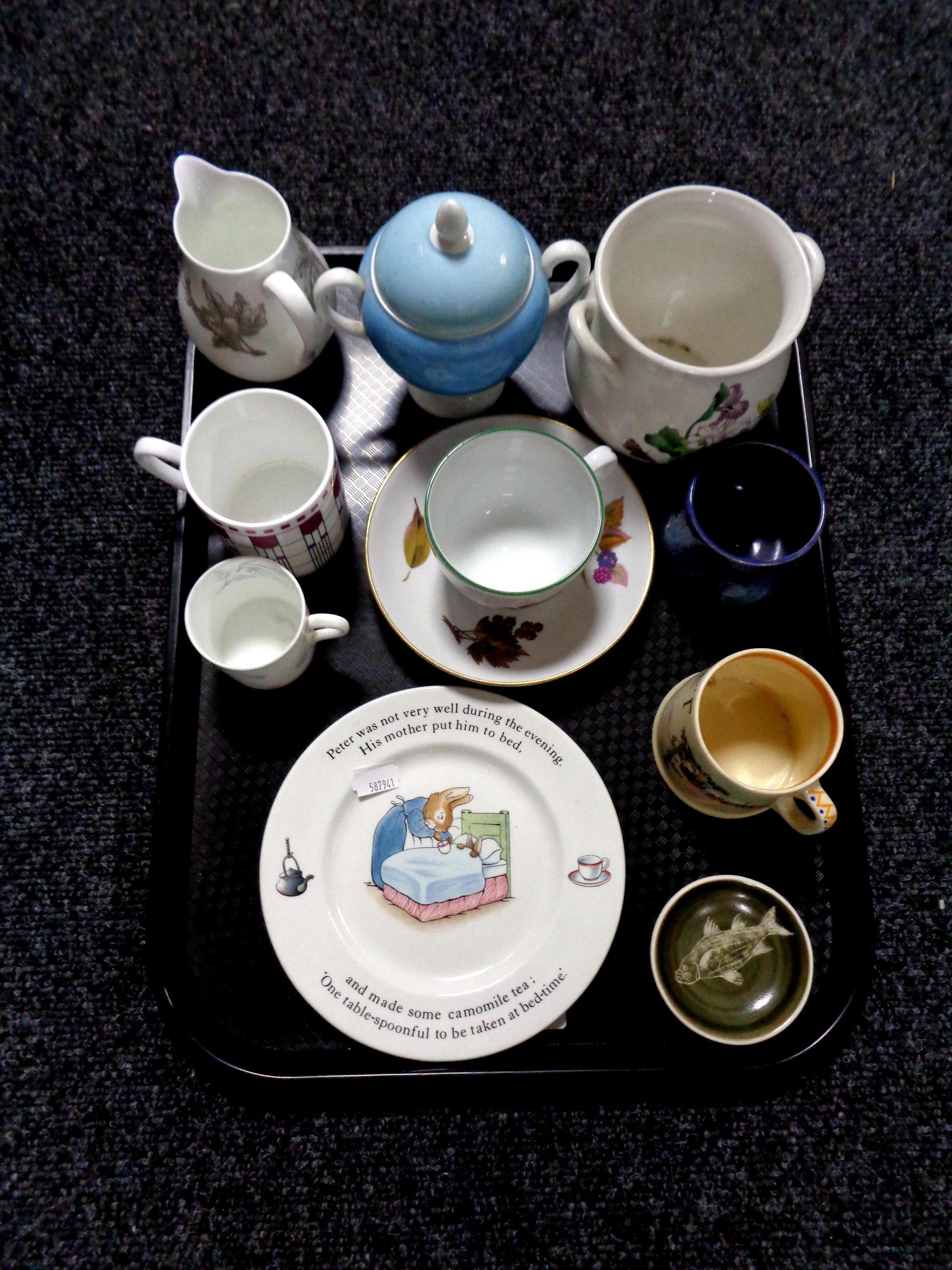 A tray containing Wedgwood Peter Rabbit plate, Royal Doulton mug,