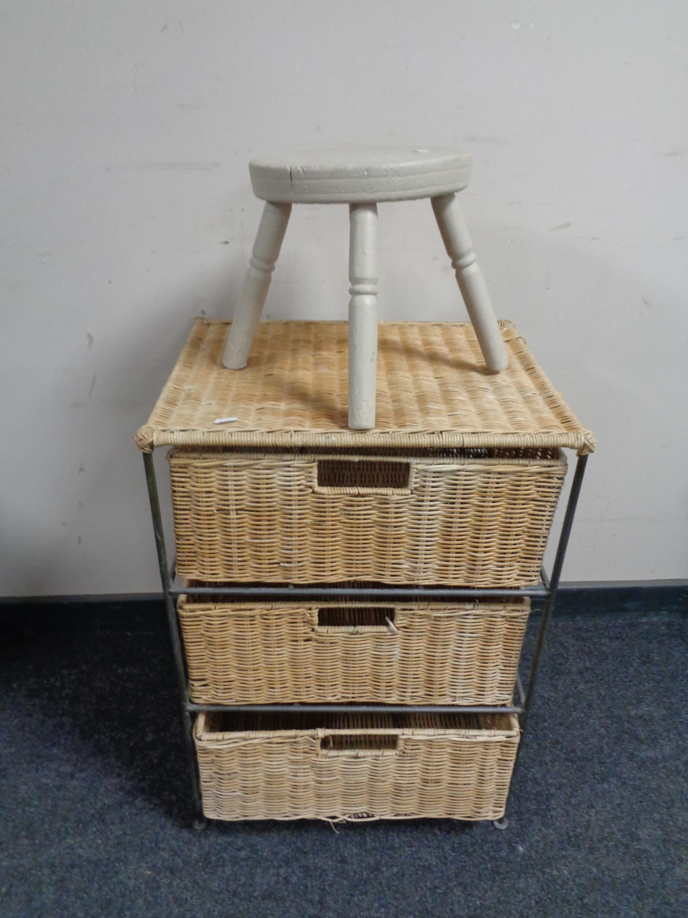 A mahogany single door cabinet together with a small painted stool and a wicker and metal three - Image 2 of 2