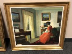 Continental School : Lady in salon, oil on canvas,