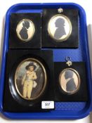 Three early 19th century silhouette portraits together with an antiquarian print of a boy