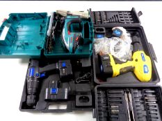 A cased Bosch planer with charger together with a cased Nupower electric drill with battery and