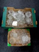 Two boxes containing 20th century glassware including decanter with stopper, shoe ornament,