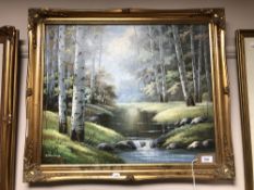 A 20th century oil on canvas : A gentle stream with birch trees,