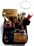 A tray containing inlaid wooden trinket box containing coins, wristwatches,