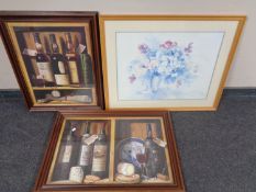 Two framed prints depicting vintage wines, whiskeys and port together with one further print,