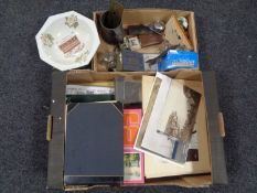 Two boxes containing mixed old photograph albums and prints, vintage tins,
