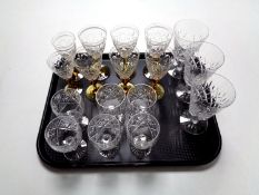 A tray of 20th century cut glass including amber glass, set of amber glass wine glasses,