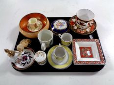 A tray containing Aynsley porcelain atomizer, Villeroy and Boch porcelain dish,