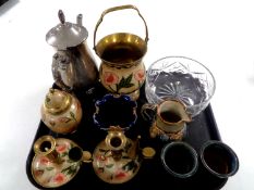 A tray containing pair of enamelled brass chamber sticks, pair of Royal Doulton glazed beakers,