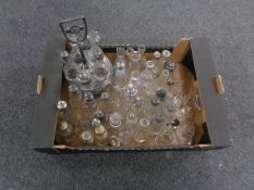 A box of glass sifters, plated cruet set,