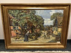 Continental School : Figures on a cobbled street, oil on canvas,