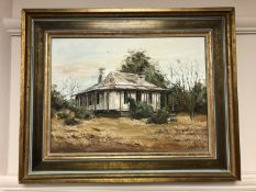 Kerry Dolan : Outback Cabin, oil on canvas, 39 cm x 29 cm, signed and dated '73, framed.