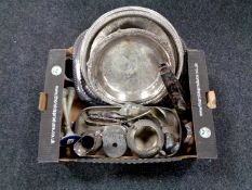 A box containing a large quantity of silver plated wares including twin handled serving tray,